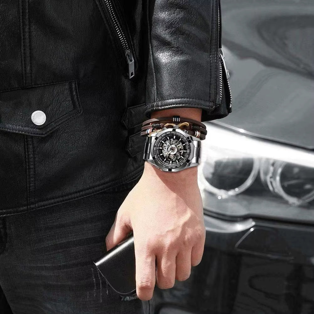 2025 Stainless Steel Waterproof Mens Skeleton Watches Top Brand Luxury Transparent Mechanical Sport Male Wrist Watches