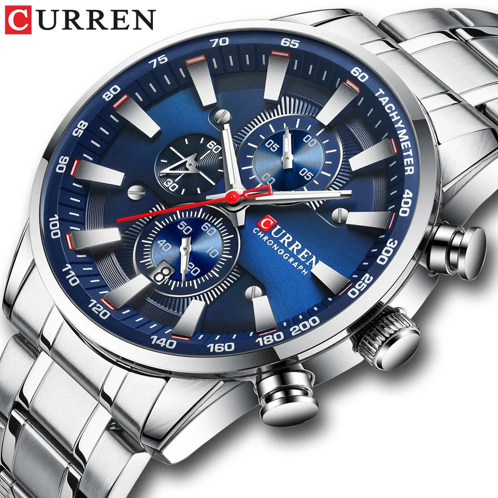 Man Watches Luxury Sporty Chronograph Wristwatches for Men Quartz Stainless Steel Band Clock Luminous Hands