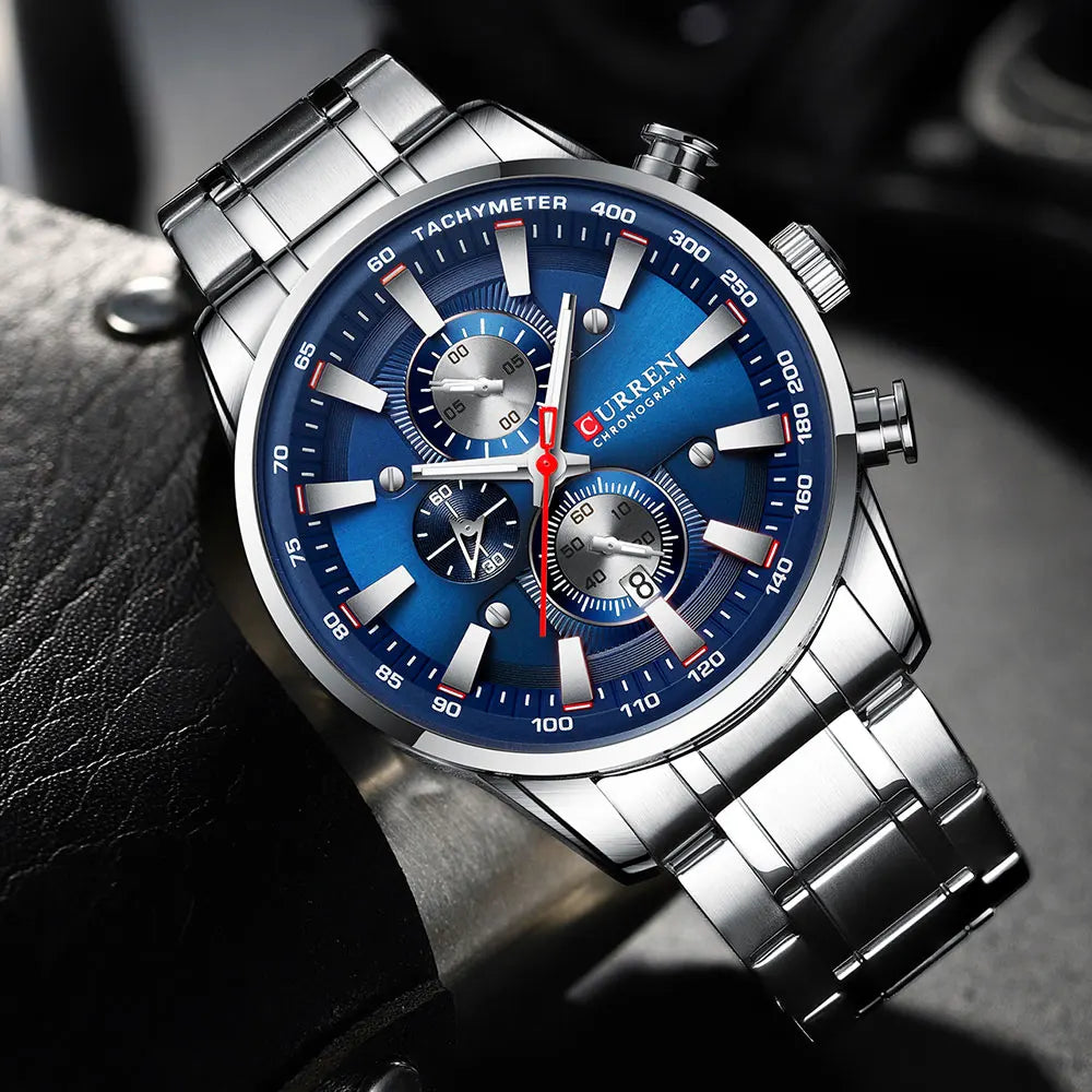 Man Watches Luxury Sporty Chronograph Wristwatches for Men Quartz Stainless Steel Band Clock Luminous Hands
