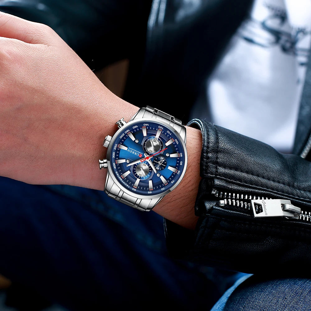 Man Watches Luxury Sporty Chronograph Wristwatches for Men Quartz Stainless Steel Band Clock Luminous Hands