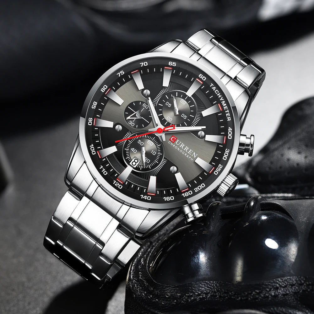 Man Watches Luxury Sporty Chronograph Wristwatches for Men Quartz Stainless Steel Band Clock Luminous Hands