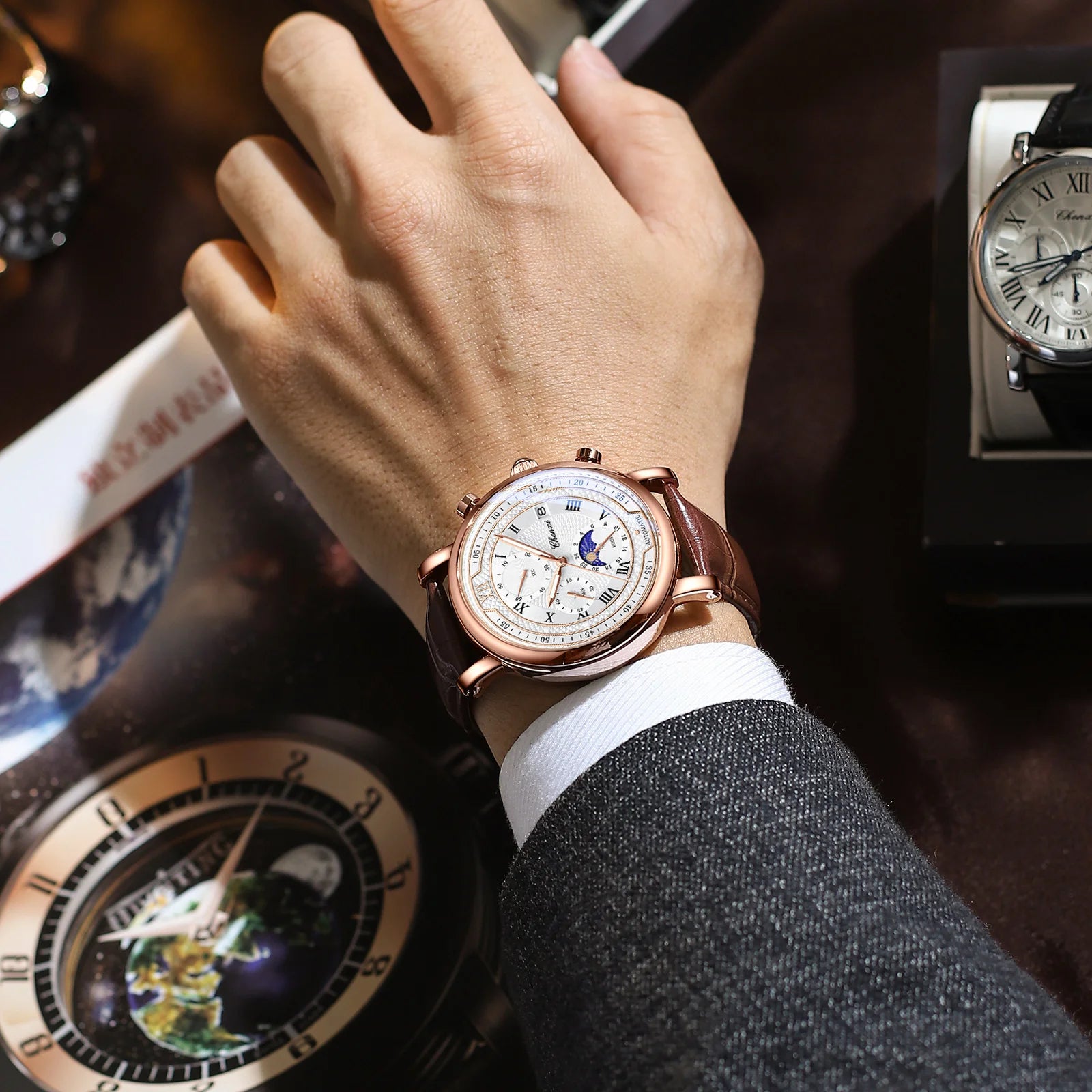 976 Leather Chronograph Date Men'S Phase of the Moon Timing Business Luminous Quartz Watch Relojes Para Hombres