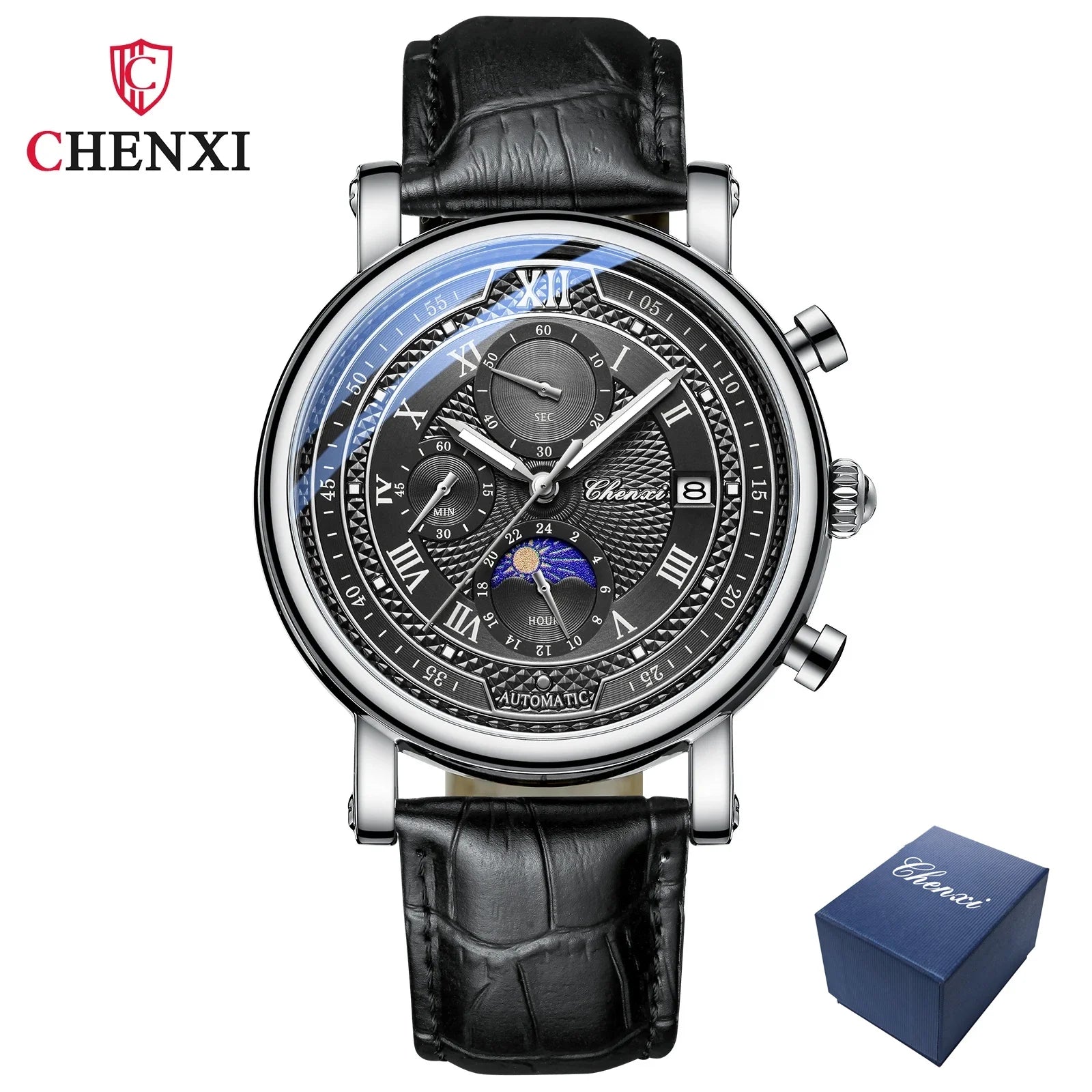 976 Leather Chronograph Date Men'S Phase of the Moon Timing Business Luminous Quartz Watch Relojes Para Hombres