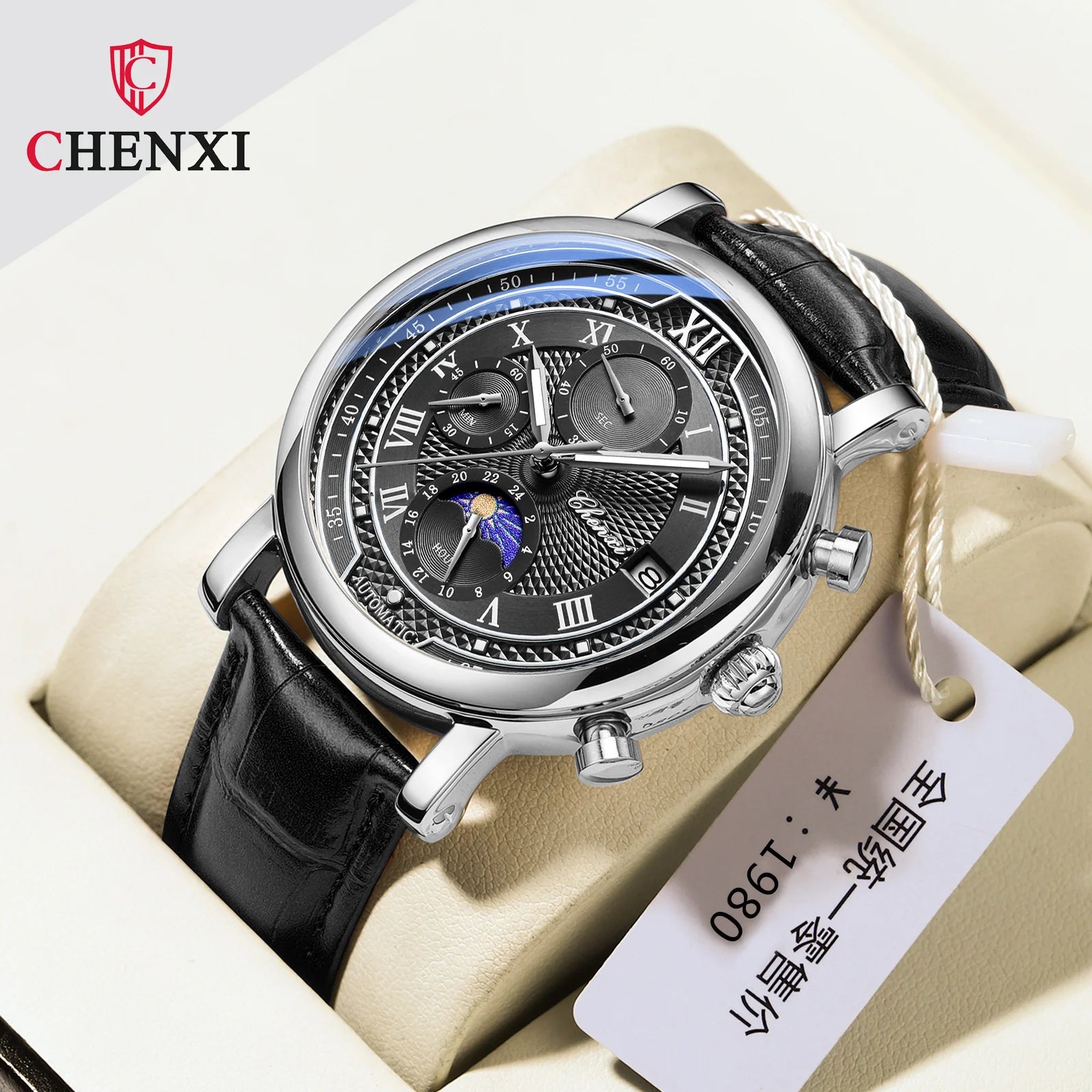 976 Leather Chronograph Date Men'S Phase of the Moon Timing Business Luminous Quartz Watch Relojes Para Hombres