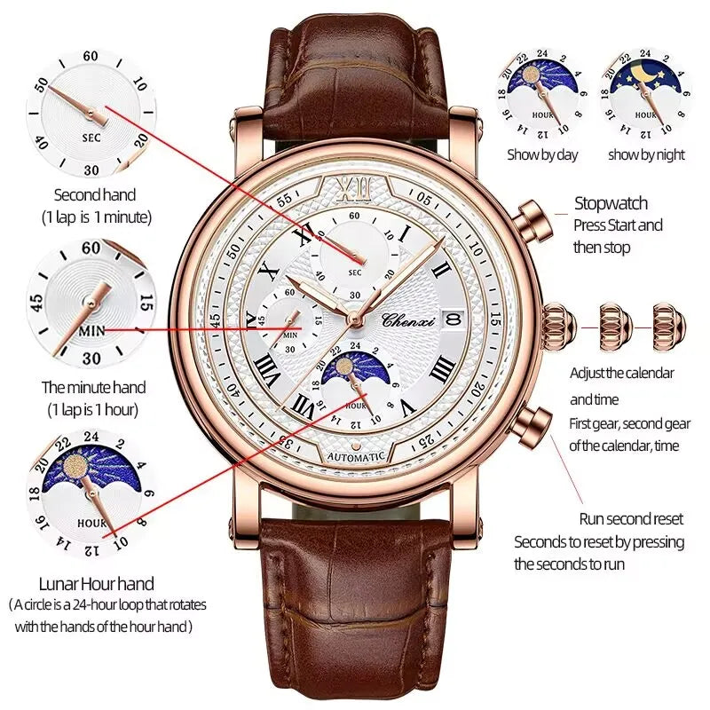 976 Leather Chronograph Date Men'S Phase of the Moon Timing Business Luminous Quartz Watch Relojes Para Hombres