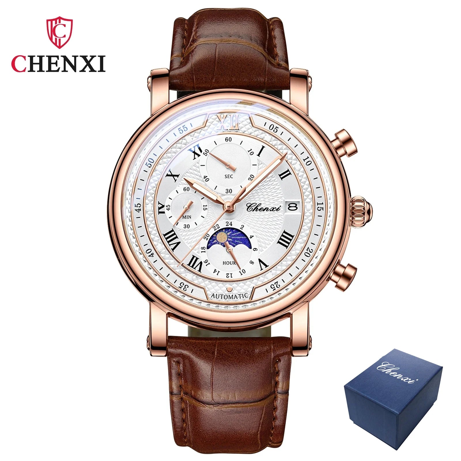 976 Leather Chronograph Date Men'S Phase of the Moon Timing Business Luminous Quartz Watch Relojes Para Hombres