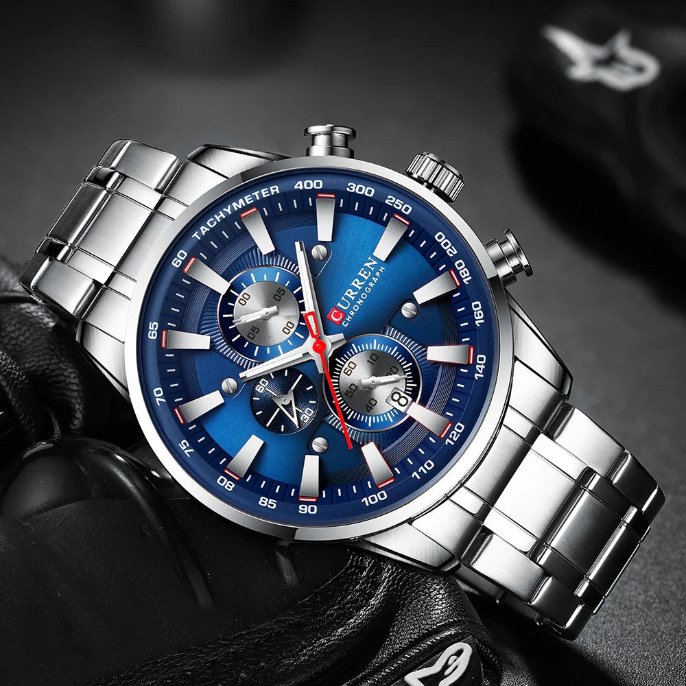 Man Watches Luxury Sporty Chronograph Wristwatches for Men Quartz Stainless Steel Band Clock Luminous Hands